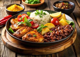 Sizzling Dominican Rice And Beans With Stewed Chicken, Fried Plantains, And Tropical Fruit Salad On A Colorful Plate