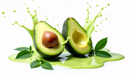 Two Avocado Halves with Splash of Green Juice