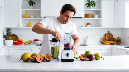 A man blending a green smoothie in a bright and modern kitchen, surrounded by tropical fruits like passion fruit, mango, and pineapple.