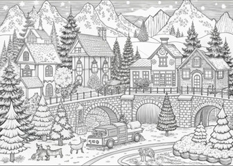 Obraz premium Detailed Winter Village Scene with Snow-Covered Houses for Coloring Books
