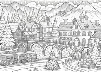 Fototapeta premium Detailed Winter Village Scene with Snow-Covered Houses for Coloring Books