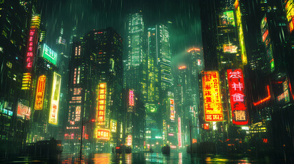 Neon-lit skyscrapers in a futuristic city under heavy rain.