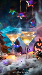 A Halloween cocktail party scene with "ghostly martinis" in glowing glasses, set against a backdrop of eerie fog and spooky decorations.