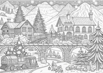 Detailed Winter Village Scene with Snow-Covered Houses for Coloring Books