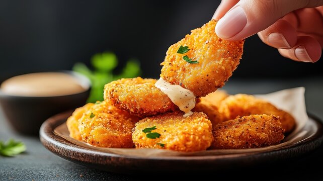 Hand dipping a golden chicken nugget into creamy sauce, with nuggets on a rustic plate.