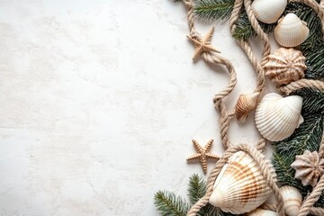 Obraz premium Rope, shells and Christmas decor on white grunge background. Top view with generative ai