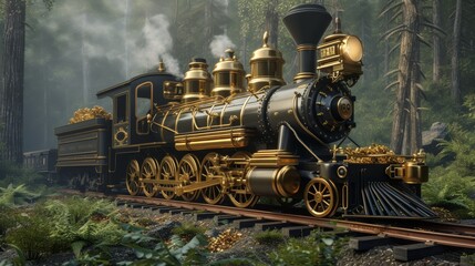 Naklejka premium A gleaming gold and black steam engine travels through a dense forest, exuding luxury and elegance. The rich colors and intricate details of the train contrast beautifully with the natural, verdant