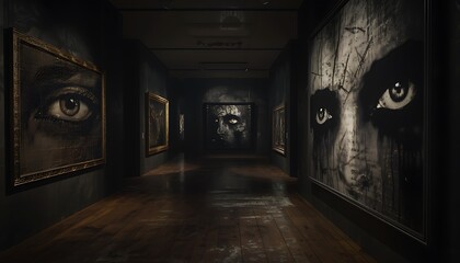A cursed painting in a darkened gallery, where the eyes of the subject seem to follow viewers with a malevolent gaze.