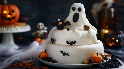A ghostly cake with white fondant and eerie decorations, ready for a Halloween-themed baking contest.