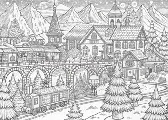 Detailed Winter Village Scene with Snow-Covered Houses for Coloring Books