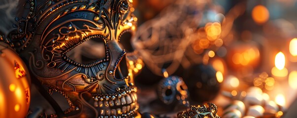 A close-up of intricate Halloween masks and costume accessories displayed on a table under warm lighting.