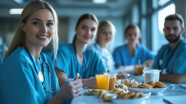 Medical professionals gathered around a table, enjoying snacks and drinks, casual break in a hospital setting, healthcare team break, nurse relaxation