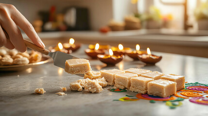 Close-up of homemade kaju katli being sliced on a kitchen counter, surrounded by Diwali diyas and colorful rangoli designs, traditional sweets, Diwali homemade