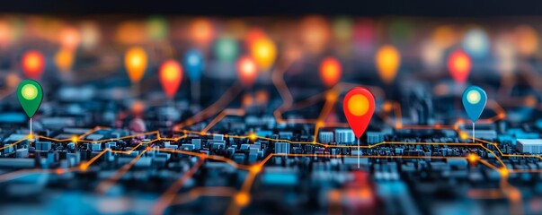 Digital city model with vibrant location pins and network lines, representing the concept of global navigation and urban mapping