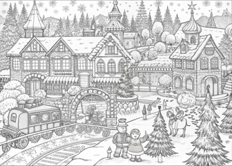 Obraz premium Detailed Winter Village Scene with Snow-Covered Houses for Coloring Books