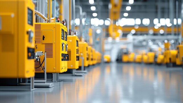 Factory interior featuring standby diesel generators, yellow industrial equipment in a clean, organized power backup room
