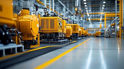 Fototapeta premium Industrial generator room with large yellow diesel generators, well-lit factory setting, focus on machinery and power reliability