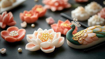 Diwali sweets shaped like lotus flowers and peacocks, intricately decorated with edible gold and sugar pearls, artisanal sweets, luxury festival desserts