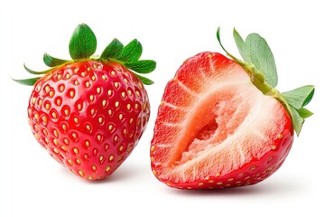 Strawberry isolated. Strawberry with half on white background. Strawberry fruit with leaf. With clipping path , ai