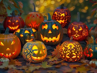 A collection of pumpkins with a mix of traditional and creative designs, glowing brightly, set against a backdrop of autumn foliage.
