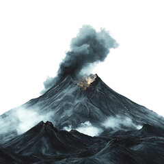 Majestic volcano erupting with smoke and ash, framed by rugged mountains and a dramatic sky.