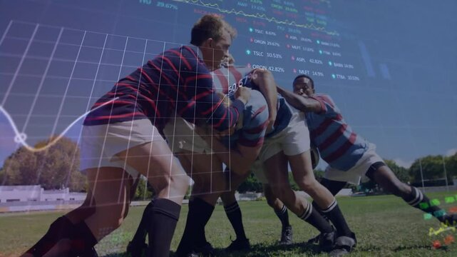 Stock market data animation over rugby players preparing for scrum - Powered by Adobe