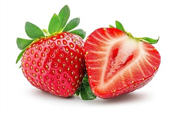 Strawberry isolated. Strawberry with half on white background. Strawberry fruit with leaf. With clipping path , ai