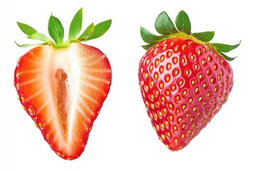 Strawberry isolated. Strawberry with half on white background. Strawberry fruit with leaf. With clipping path , ai