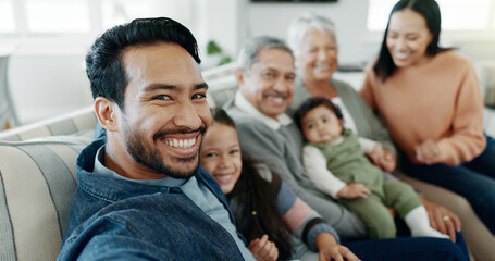 Obraz premium Generations, family and happy on sofa with selfie for bonding, gathering and social media at home. People, grandparents and parents with kids on couch in living room for profile picture and support