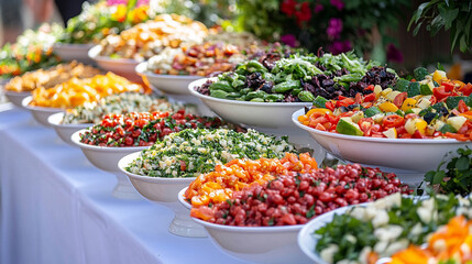 summer BBQ food table with a vibrant array of grilled meats, fresh vegetables, and side dishes. The blurred background shows friends in casual conversation, symbolizing togetherness and celebration