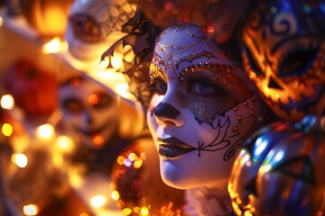 A close-up of Halloween-themed face paint and masks displayed under the soft glow of decorative lights.