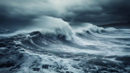 Obraz premium Dramatic coastline with storm waves crashing and wind blowing, raw nature, coastal storm. 