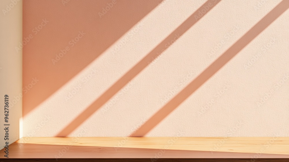 Aufkleber calm and inviting empty pastel peach wall with natural light and wooden floor - modern minimalistic 