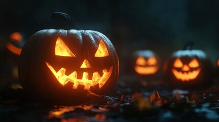 Scary Pumpkins glow at night. Halloween picture on a black background. Fear and the holidays concept with generative ai