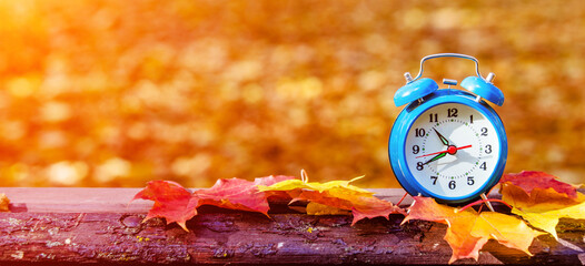 Clock with fallen leaves are on the bench
