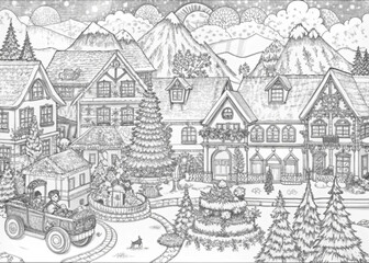 Obraz premium Detailed Winter Village Scene with Snow-Covered Houses for Coloring Books