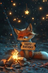 Adorable Fox Celebrating a Birthday by the Campfire in a Magical Forest Setting