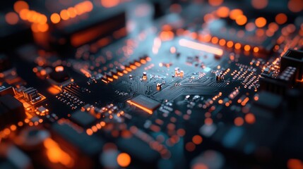 Obraz premium A close-up view of a circuit board illuminated with orange lights, showcasing technology.