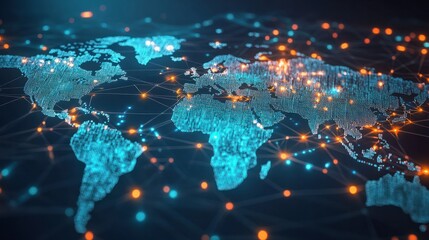 Naklejka premium a digital map of the world with interconnected nodes representing global network connections data flow and cyber security technology generative ai