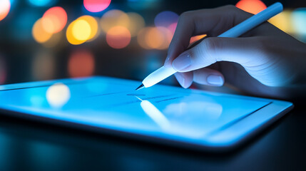 woman’s hand signing a digital document on a tablet, symbolizing remote work, digital innovation, and flexibility in modern work environments. Represents efficiency, technology, and productivity