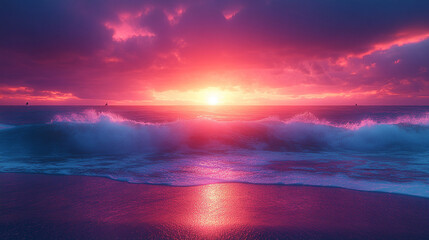 sunset over the beach, image with  purple color and copyspace. Sky with sunrise