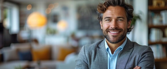 Fototapeta premium A man is smiling and posing for a picture in a room with a lot of furniture