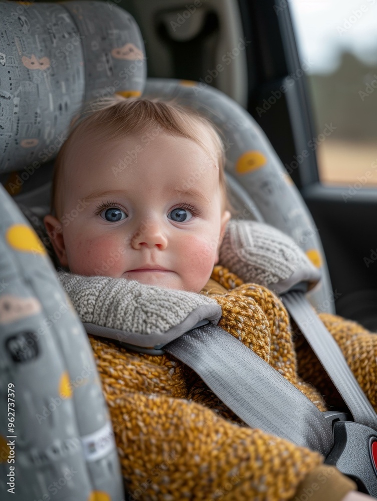 Wall mural a baby strapped in a car seat. ai.