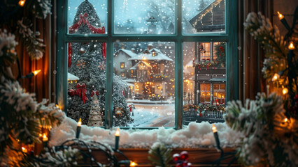 A large framed photo of a christmas scene through a window 