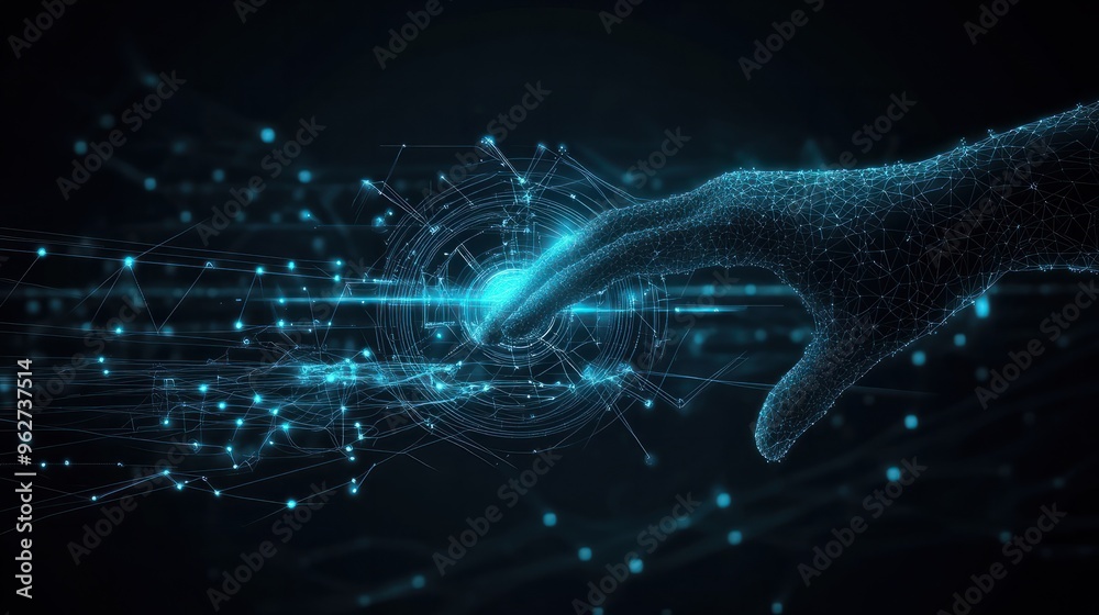 Aufkleber abstract background of hands touching digital transformation virtual screen. technology connection d