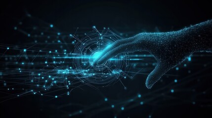 Abstract background of hands touching digital transformation virtual screen. Technology connection Dots and lines for futuristic cyber technology and network connection