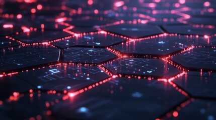 A close-up view of a digital hexagonal grid with glowing elements, representing technology.