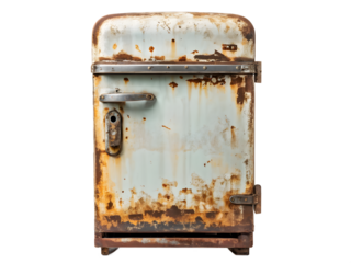 Old rusty refrigerator isolated on transparent background.
