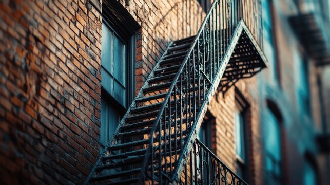A close-up view of a metal fire escape on a brick building, showcasing urban architecture.