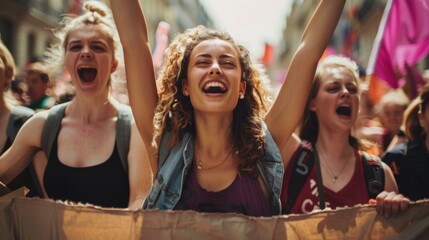 Fototapeta premium People holding up a banner and cheering. AI.